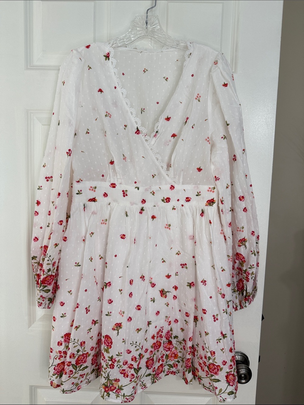 White Swiss Dot Floral Babydoll Dress with Pink Rose Print